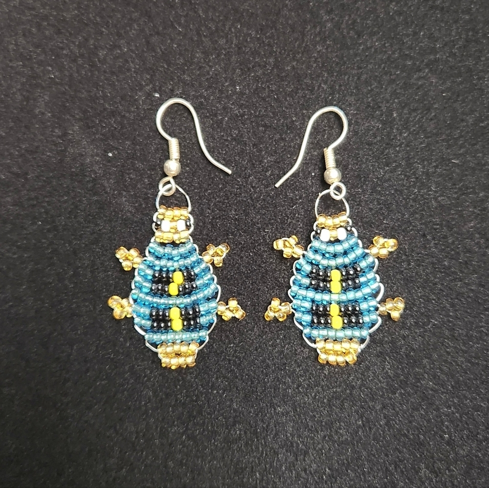 Handcrafted Beaded Blue and Gold Bug Earrings - Picture 2 of 5